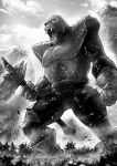  1boy ape armor axe commentary day english_commentary fangs full_armor giant giant_monster gloves godzilla_x_kong:_the_new_empire greyscale highres holding holding_weapon kaijuu male_focus manly monochrome monster mountainous_horizon muscular no_humans outdoors saiyan_armor santa_fung solo standing weapon white_footwear white_gloves 