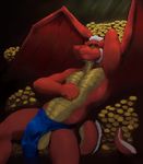  2017 balls belly clothing coin digital_media_(artwork) dragon flaccid frown hi_res koorivlf looking_at_viewer lying male muscular muscular_male nude penis scalie solo 