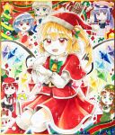  6+girls alternate_costume bat_wings black_skirt black_vest blonde_hair blue_eyes blue_hair blue_skirt blue_vest blunt_bangs book bow bowtie box brown_hair cake christmas christmas_ornaments christmas_present christmas_stocking christmas_tree closed_mouth crescent crescent_hat_ornament crystal dress flandre_scarlet food gift gift_box green_bow green_bowtie green_eyes green_hat grey_hair hat hat_ornament head_wings highres holding holding_book hong_meiling izayoi_sakuya juliet_sleeves koakuma light_smile long_sleeves maa_(forsythia1729) maid maid_headdress marker_(medium) medium_hair mob_cap multicolored_wings multiple_girls one_side_up open_mouth patchouli_knowledge pink_dress pink_hat pink_shirt pink_skirt pointy_ears puffy_sleeves purple_eyes purple_hair red_eyes red_hair red_hat red_ribbon red_skirt remilia_scarlet ribbon santa_hat shirt skirt skirt_set star_(symbol) star_hat_ornament strawberry_cake striped_clothes striped_dress teeth touhou traditional_media upper_teeth_only v-shaped_eyebrows vertical-striped_clothes vertical-striped_dress vest white_shirt wide_sleeves wings yellow_ribbon 