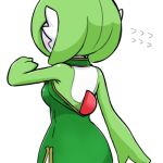  1girl back_cutout blush bob_cut chinese_clothes clothing_cutout colored_skin dress flying_sweatdrops from_behind gardevoir green_dress green_hair lowres multicolored_skin pokemon pokemon_(creature) rmtwo simple_background two-tone_skin white_background white_skin 
