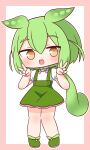  1girl :d absurdres blush brown_eyes chibi double_v full_body green_footwear green_hair green_skirt hair_between_eyes hana_kazari hands_up highres long_hair looking_at_viewer outline pigeon-toed pink_background puffy_short_sleeves puffy_sleeves shirt shoes short_sleeves skirt smile solo standing suspender_skirt suspenders two-tone_background v very_long_hair voicevox white_background white_outline white_shirt zundamon 