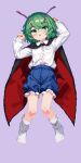  1girl 999_(hansode) antennae black_cape blue_shorts blush buttons cape collared_shirt full_body green_eyes green_hair highres long_sleeves looking_at_viewer open_mouth pixel_art purple_background shirt short_hair shorts simple_background socks solo touhou white_shirt white_socks wriggle_nightbug 