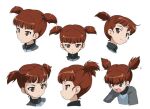  1girl blunt_bangs closed_mouth concept_art from_side girls_und_panzer hair_tie keizoku_military_uniform mikko_(girls_und_panzer) multiple_views official_art open_mouth red_eyes red_hair short_hair short_twintails simple_background twintails white_background zipper_pull_tab 