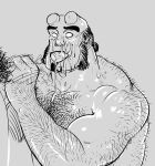  2boys absurdres after_fellatio bald_spot bara blank_eyes broken_horn colored_skin cum cum_in_mouth demon_boy facial facial_hair goatee hairy hand_hair handjob hellboy hellboy_(comic) highres horns knuckle_hair large_pectorals looking_at_viewer male_focus male_pubic_hair mature_male monster_boy multiple_boys muscular muscular_male mutton_chops nipples nude pectorals pubic_hair red_skin smagma solo_focus strongman_waist thick_arm_hair thick_back_hair thick_chest_hair thick_thighs thighs upper_body very_hairy yaoi 
