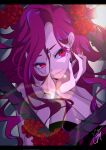  1girl closed_mouth earrings fingernails flower goma_irasuto highres jewelry long_hair looking_at_viewer mole mole_under_eye nail_polish original pink_eyes purple_hair red_flower red_theme signature smile solo 