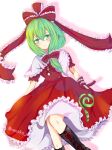  1girl arm_ribbon biyorina_na_kitsune black_footwear boots bow cross-laced_footwear dress frilled_bow frilled_dress frilled_ribbon frilled_sleeves frills front_ponytail green_eyes green_hair hair_bow hair_ribbon highres kagiyama_hina looking_at_viewer puffy_short_sleeves puffy_sleeves red_bow red_ribbon ribbon short_sleeves smile solo touhou twitter_username 