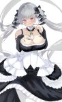  1girl absurdly_long_hair absurdres azur_lane bare_shoulders between_breasts black_dress black_nails breasts cleavage clothing_cutout dress earrings formidable_(azur_lane) frilled_dress frills grey_hair hand_on_own_chest highres jewelry kisahipi large_breasts long_hair looking_at_viewer nail_polish necktie necktie_between_breasts pantyhose red_eyes shoulder_cutout simple_background solo two-tone_dress two-tone_ribbon very_long_hair white_background white_pantyhose 