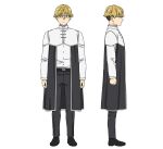  1boy black_footwear black_pants blonde_hair expressionless from_side full_body glasses land_(sousou_no_frieren) long_sleeves male_focus official_art pants profile reference_sheet short_hair sousou_no_frieren straight-on transparent_background white_tunic 