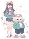  1boy 1girl :d bare_legs black_shorts blue_shirt blunt_bangs blush breasts closed_eyes converse facing_viewer flower_wreath frisk_(undertale) full_body grin hands_in_pockets head_wreath highres long_hair long_sleeves open_mouth own_hands_together sans shirt shoes shorts simple_background skeleton slippers small_breasts smile socks solo sparkle standing string string_of_fate third-party_source undertale vivinos white_background white_socks 