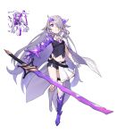  1girl crystal_sword dasdokter dress flat_chest floating grey_hair hair_over_one_eye highres hololive hololive_english horns katana koseki_bijou long_hair looking_at_viewer multicolored_hair navel official_alternate_costume purple_eyes serious solo sword virtual_youtuber weapon 