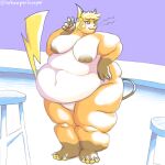 1:1 2024 absurd_res anthro areola belly big_belly big_breasts breasts female front_view generation_1_pokemon hi_res highlights_(coloring) huge_breasts mammal morbidly_obese murid murine navel nintendo nipples nude obese obese_anthro obese_female overweight overweight_anthro overweight_female pokemon pokemon_(species) raichu rodent solo thick_thighs whooperscooper wide_hips yellow_body