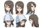  1girl brown_eyes brown_hair closed_eyes closed_mouth collarbone concept_art from_side girls_und_panzer hair_between_eyes light_smile mika_(girls_und_panzer) multiple_views official_art one_eye_closed open_mouth shirt simple_background tulip_hat white_background 