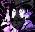  2girls abstract_background artist_name belt_collar black_hair black_sports_bra collar drill_hair hair_horns halterneck han_juri highres looking_at_another multicolored_hair multiple_girls pink_eyes pink_hair purple_eyes purple_hair reina_(tekken) short_hair smile spiked_collar spikes sports_bra street_fighter street_fighter_6 tekken tekken_8 wolfmaker 