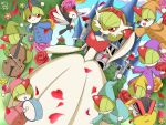  accordion apple blue_sky bob_cut bow castle cloud dress drum flower food fruit gardevoir green_hair hair_bow hair_over_eyes holding holding_food holding_fruit instrument mega_gardevoir mega_pokemon one_eye_closed open_mouth pikipek pink_eyes pokemon pokemon_(creature) ralts red_bow shabana_may signature sky smile snow_white tree violin white_dress 