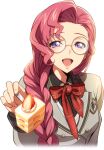  1girl arm_at_side artist_request blue_eyes bow bowtie braid breasts buttons cake cake_slice code_geass code_geass:_lost_stories cropped_torso double-breasted euphemia_li_britannia food forehead fork fruit game_cg glasses grey_jacket hair_over_shoulder half-closed_eyes hand_up happy holding holding_food holding_fork jacket long_hair long_sleeves looking_at_viewer non-web_source official_art open_mouth pink_hair plaid plaid_bow plaid_bowtie red_bow red_bowtie round_eyewear school_uniform sidelocks simple_background single_braid small_breasts smile solo strawberry strawberry_shortcake transparent_background upper_body white-framed_eyewear 