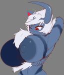 absol anthro areola big_areola big_breasts blue_areola blue_body blue_skin breasts clothed clothing dibujosv12 female fur generation_3_pokemon hi_res horn nintendo partially_clothed pokemon pokemon_(species) raised_arm red_eyes solo white_body white_fur