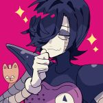  2boys android black_eyeshadow black_hair burgerpants closed_mouth colored_skin eyeshadow finger_to_cheek gloves grey_eyes hair_over_one_eye hat highres looking_at_another looking_at_viewer makeup mechanical_arms mettaton mettaton_ex multiple_boys nikorashi-ka pink_background short_hair solo_focus sparkle undertale upper_body white_gloves white_skin 
