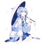  bangs blue_dress blue_hair bracelet closed_mouth commentary constellation_print dress eyebrows_visible_through_hair full_body gocoli halterneck highres holding holding_umbrella jewelry light_brown_eyes long_hair long_sleeves looking_at_viewer oriental_umbrella sash seiza simple_background sitting smile solo space star_(sky) starry_sky_print umbrella vocaloid white_background xingchen 