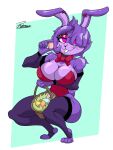 5_fingers absurd_res anthro arm_tuft basket big_breasts bonnie_(cally3d) bonnie_(fnaf) bow_tie breasts bunny_costume clothing container costume cuff_(restraint) easter easter_egg eyebrows female fingers five_nights_at_freddy&#039;s fredina&#039;s_nightclub fur hair hair_over_eye hi_res holding_basket holding_container holding_object holidays lagomorph leporid looking_at_viewer mammal one_eye_obstructed purple_body purple_eyes purple_fur purple_hair rabbit restraints reymonrr scottgames short_hair shoulder_tuft smile smiling_at_viewer solo tail tuft wrist_cuffs