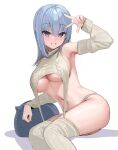  1girl arm_up armpits bare_shoulders blue_eyes blue_hair breasts cable_knit commentary_request detached_sleeves garter_straps grin indie_virtual_youtuber kanzarin kanzarin_(vtuber) large_breasts long_hair long_sleeves meme_attire navel no_bra no_pants panties pillow revealing_clothes ribbed_sleeves ribbed_thighhighs simple_background sitting skindentation sleeveless smile solo stomach thighhighs thighs underboob underwear v virgin_destroyer_sweater virtual_youtuber white_background white_panties white_thighhighs 