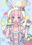  1girl :d absurdres animal_ears bare_shoulders basket blue_background blue_bow bow breasts collarbone commentary dated dress easter easter_egg egg fake_animal_ears food hair_bow hair_over_shoulder hands_up highres holding holding_food long_hair low_twintails medium_breasts neki_(wakiko) original pink_hair puffy_short_sleeves puffy_sleeves purple_dress purple_eyes purple_sleeves rabbit_ears short_sleeves smile solo twintails twitter_username very_long_hair 