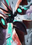  artist_name blue_eyes claws colored_skin glowing glowing_eyes highres mecha neon_trim outstretched_arms penta_oekaki pokemon pokemon_(creature) red_skin robot scizor shaded_face solo 