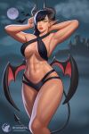  1girl abs arm_behind_head armpits arms_up artist_logo artist_name astrowolf asymmetrical_hair bat_wings black_bra black_hair black_panties black_tail bra breasts castle demon_girl demon_tail earrings full_moon green_eyes halterneck highres horns jewelry large_breasts long_hair looking_at_viewer moon muscular muscular_female navel nerium_(lillium_the_scout) night original outdoors panties pointy_ears sidecut solo tail undercut underwear watermark wings 