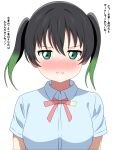  1girl :i absurdres black_hair blue_shirt blush breasts closed_mouth commentary_request gradient_hair green_eyes green_hair hair_between_eyes highres looking_at_viewer love_live! love_live!_nijigasaki_high_school_idol_club medium_breasts multicolored_hair neck_ribbon nijigasaki_academy_school_uniform pink_ribbon portrait pout ribbon school_uniform shinonome_sakura shirt short_sleeves sidelocks solo summer_uniform takasaki_yu translation_request twintails upper_body white_background 