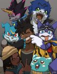 anthro bandai_namco beanie black_hair clothing digimon digimon_(species) espimon eyewear female goggles grin group group_photo gulusgammamon gumdramon hair hat headgear headwear hi_res horn human kloudraws locs male mammal smile veemon