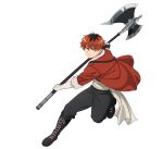  1boy axe bandaged_arm bandages battle_axe black_footwear black_gloves black_pants boots fingerless_gloves full_body gloves holding holding_axe holding_weapon jacket looking_at_viewer male_focus official_art pants red_hair red_jacket short_hair single_glove solo sousou_no_frieren stark_(sousou_no_frieren) transparent_background v-shaped_eyebrows weapon 