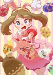  1girl animal_ears blush brown_hair choker dress egg fake_animal_ears highres holding holding_egg may_(pokemon) may_(spring_2021)_(pokemon) official_alternate_costume open_mouth outstretched_hand pink_background pink_choker pink_dress pokemon pokemon_egg pokemon_masters_ex puffy_short_sleeves puffy_sleeves rabbit_ears refisa short_sleeves solo striped_background sweatdrop two-tone_background yellow_background 