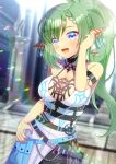  1girl :d bare_shoulders black_pants blue_eyes blue_nails blurry blurry_background braid braided_bangs breasts character_request cleavage collarbone commentary_request commission day depth_of_field dress green_hair hair_between_eyes hand_up kou_hiyoyo long_hair looking_at_viewer medium_breasts nail_polish outdoors pants phantasy_star phantasy_star_online_2 pointy_ears ponytail skeb_commission sleeveless sleeveless_dress smile solo very_long_hair white_dress 