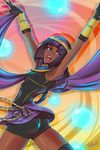 aqua_eyes armpits arms_up ass bangs blunt_bangs bracer circlet commentary dark_skin eyeshadow fingerless_gloves gloves highres looking_at_viewer makeup menat open_mouth purple_hair shawl signature sleeveless smile solo street_fighter street_fighter_v thighhighs wallace_pires 