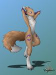  2017 anthro blue_eyes breasts chest_tuft claws clothing digimon female fur mammal markings nude paws renamon smile smirk solo tuft white_fur white_tail yellow_fur yellow_tail 