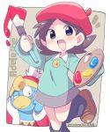  1girl adeleine beret black_hair brown_footwear english_text eromame hat holding holding_paintbrush king_dedede kirby_(series) looking_at_viewer paint paintbrush palette_(object) short_hair skirt socks 