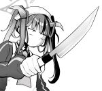  1girl apron blue_archive closed_mouth from_below fuuka_(blue_archive) greyscale halo hand_up head_scarf highres holding holding_knife horns jitome kitchen_knife knife long_hair long_sleeves monochrome simple_background solo tsukiji_uogashi_sandaime urode white_background 