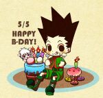  2boys birthday_cake black_eyes black_hair blush_stickers brown_background cake candle chibi cupcake dated food food_on_face fork full_body gon_freecss green_footwear green_pants green_shirt happy_birthday holding holding_fork hunter_x_hunter killua_zoldyck kumama_(amandak) licking_lips looking_at_viewer male_focus multiple_boys pants shirt short_hair sitting spiked_hair tongue tongue_out 
