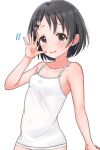  1girl absurdres bare_shoulders black_eyes black_hair blush breasts collarbone covered_navel dot_nose hair_ornament hairclip hand_up highres idolmaster idolmaster_cinderella_girls idolmaster_cinderella_girls_starlight_stage looking_at_viewer mariabowl motion_lines open_hand open_mouth sasaki_chie short_hair shy simple_background small_breasts solo tank_top white_background white_tank_top 
