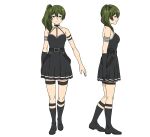  1girl arm_strap armlet belt black_choker black_dress black_footwear black_gloves boots choker dress from_side full_body gloves green_hair half-closed_eyes jitome long_hair o-ring o-ring_choker official_art pleated_dress profile reference_sheet side_ponytail single_glove smile sousou_no_frieren straight-on suspenders_hanging thigh_strap transparent_background ubel_(sousou_no_frieren) 