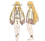  1girl ankle_strap barefoot blonde_hair brooch elf feet from_side full_body gem green_gemstone hair_tubes jewelry long_hair low-tied_sidelocks official_art orange_eyes pointy_ears profile reference_sheet robe serie_(sousou_no_frieren) shorts sidelocks smile sousou_no_frieren straight-on toes transparent_background white_robe white_shorts 