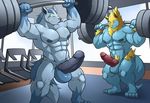  4_toes 5_fingers abs anthro anthrofied areola arm_tuft balls barazoku barefoot biceps big_balls big_biceps big_pecs big_penis bulge canine cel_shading clothed clothing digital_drawing_(artwork) digital_media_(artwork) dumbbell duo erection exercise eyes_closed fur gloves_(marking) grin gym holding_object huge_muscles humanoid_hands inside knot lifting maldu male male_focus mammal mane manectric manly markings mightyena mostly_nude multicolored_fur muscular navel nintendo nipples nude obliques pecs penis plantigrade pok&eacute;mon pok&eacute;morph pubes quads smile socks_(marking) standing sweat teeth thick_penis thick_thighs toes topless triceps two_tone_fur vein veiny_penis video_games weightlifting weights workout 
