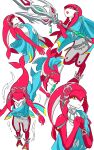 1girl blue_cape bracelet cape fins fish_girl full_body furry furry_female head_fins highres holding_trident jewelry looking_to_the_side mipha multiple_views open_mouth own_hands_together simple_background the_legend_of_zelda the_legend_of_zelda:_breath_of_the_wild upper_body white_background yellow_eyes yellowdogcontract 