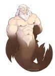  1boy abs bara beard dark_skin facial_hair full_beard full_body gradient_skin highres large_pectorals looking_ahead male_focus mature_male merman monster_boy monsterification muscular muscular_male navel nude old old_man overwatch partially_blind pectorals reinhardt_(overwatch) scar scar_across_eye short_hair smile thick_beard walrus_boy whimsywimp white_hair 