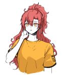  1girl aaaaddddd akuma_no_riddle blush commentary earrings highres jewelry long_hair parted_lips ponytail red_hair sagae_haruki shirt short_sleeves simple_background solo upper_body white_background yellow_eyes yellow_shirt 