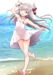  1girl alternate_costume amatsukaze_(kancolle) barefoot beach brown_eyes choker dress flat_chest fuji_(pixiv24804665) full_body grey_hair hair_tubes highres kantai_collection long_hair looking_at_viewer ocean open_mouth round_teeth running skirt_hold smile smokestack_hair_ornament solo sundress teeth two_side_up upper_teeth_only white_choker white_dress 