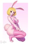 2024 anthro big_breasts blonde_hair bow_tie breasts brown_eyes carrot_(one_piece) clothing collarbone eyebrows eyelashes feet female fur hair hand_on_leg hand_on_thigh hi_res lagomorph legwear leotard leporid looking_at_viewer mammal minkmen_(one_piece) one_piece open_mouth open_smile pakwan008 pink_bow_tie pink_clothing pink_legwear pink_leotard rabbit shirt_collar shirt_cuffs short_hair smile solo toeless_legwear white_body white_fur