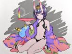  1girl breasts clothes_down cup fate/grand_order fate_(series) gacho_p headpiece highres holding holding_cup horns japanese_clothes kimono looking_at_viewer navel oni petite purple_eyes purple_hair purple_kimono sakazuki short_hair shuten_douji_(fate) sitting sketch skin-covered_horns small_breasts solo 