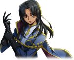  1boy adjusting_clothes adjusting_gloves androgynous artist_request black_gloves black_hair blue_cape blue_jacket cape code_geass code_geass:_lost_stories cropped_torso dark-skinned_male dark_skin game_cg gloves gold_trim hair_intakes hands_up jacket ledo_offen long_hair long_sleeves looking_at_viewer male_focus military_uniform non-web_source official_art parted_lips red_eyes shirt side_cape sidelocks simple_background solo standing transparent_background uniform upper_body white_shirt 