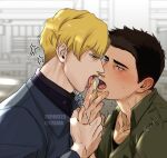  2boys adam&#039;s_apple ao_isami black_hair blonde_hair blush couple crouton256 facial_hair hand_up head_tilt lewis_smith licking licking_another&#039;s_finger licking_finger male_focus multiple_boys sideburns_stubble stubble thick_eyebrows tongue tongue_out torogao upper_body v-shaped_eyebrows yaoi yuuki_bakuhatsu_bang_bravern 