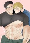  2boys abs alternate_pectoral_size ao_isami bara bare_pectorals black_hair blonde_hair blush clothes_lift couple cover cover_page cowboy_shot doujin_cover facial_hair head_on_another&#039;s_shoulder highres huge_pectorals lewis_smith male_focus male_pubic_hair medium_sideburns multiple_boys muscular muscular_male paya_genko_man pectorals pink_background pubic_hair pubic_hair_peek shirt_lift sideburns_stubble stubble textless_version thick_eyebrows translation_request yaoi yuuki_bakuhatsu_bang_bravern 